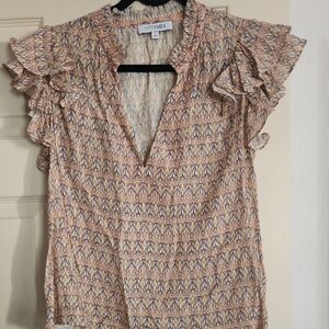 INTERMIX Peach and Cream Patterned Ruffle Sleeve V-Neck Blouse
